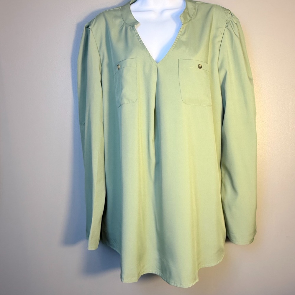NWT Yesfashion Sage Green Roll-Tab Sleeve Tunic Blouse Women's XL